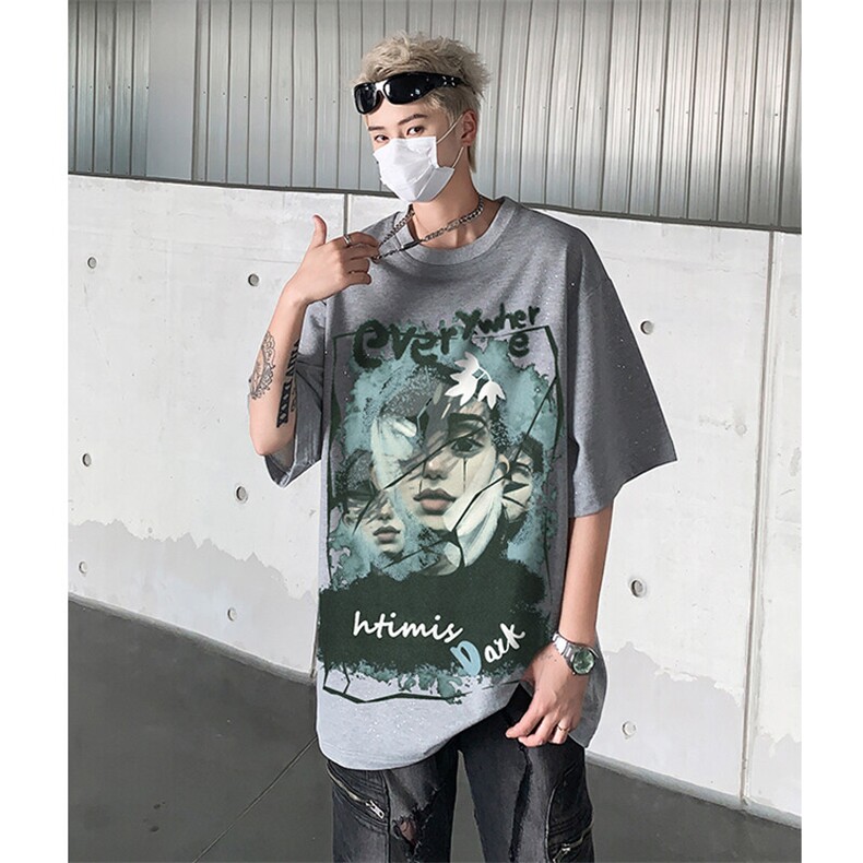 美式重磅复古满天星人物卡通印花宽松落肩短袖T恤上衣-H870-特P28,男装T恤,电商B289