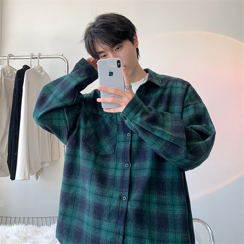 衬衫男秋季新款港风宽松大码磨毛格子长袖衬衣CS6638-特P29，男装衬衫，星座214-3