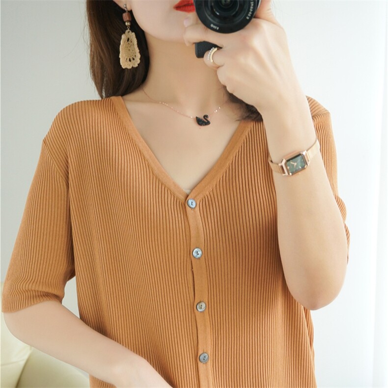 春夏季新款冰丝针织开衫女短袖V领韩版T恤半袖上衣百搭纯色外套潮，女装针织衫/毛衣，暖姿羊绒