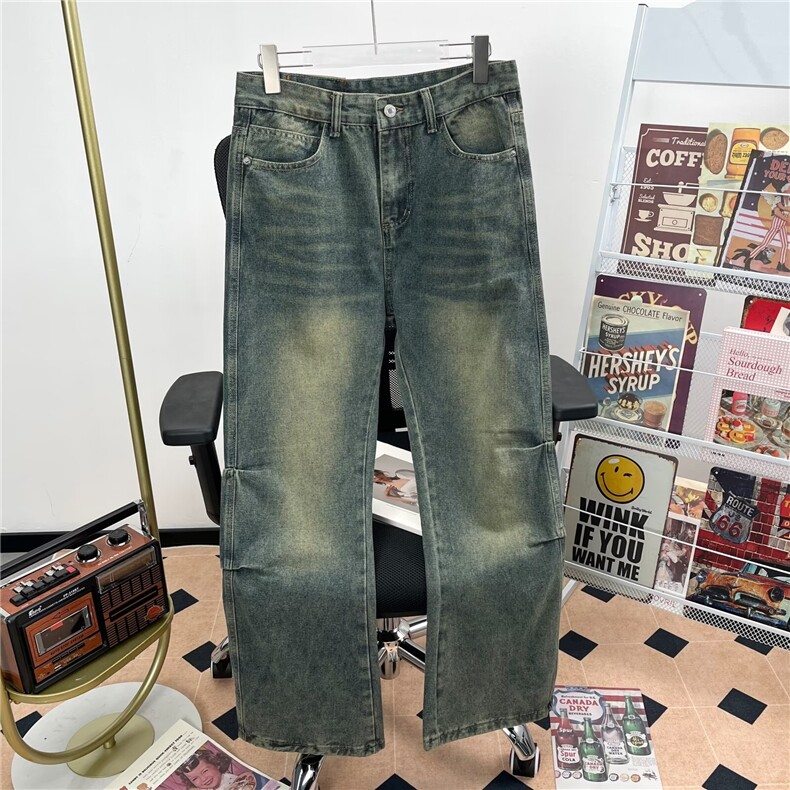 蓝色做旧牛仔裤男款春秋美式复古宽松百搭痞帅直筒阔腿裤6201/P46图片