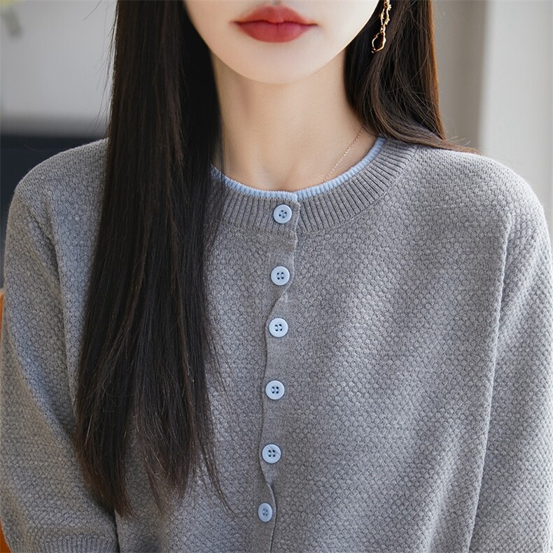 精纺羊毛衫五分袖针织开衫女士圆领拼色短袖T恤上衣宽松半袖外套,针织衫/毛衣,暖烁特种纱工厂店