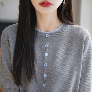 精纺羊毛衫五分袖针织开衫女士圆领拼色短袖T恤上衣宽松半袖外套图片