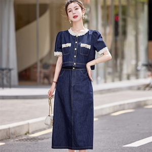 牛仔裙休闲套装女2025夏季时尚新款显瘦薄款短袖上衣半身裙两件套图片