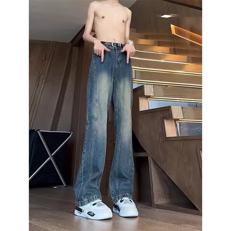 复古牛仔裤男美式高街帅气vibe风裤子直筒弯刀微喇长裤11266-p48，男装牛仔裤，星座1008