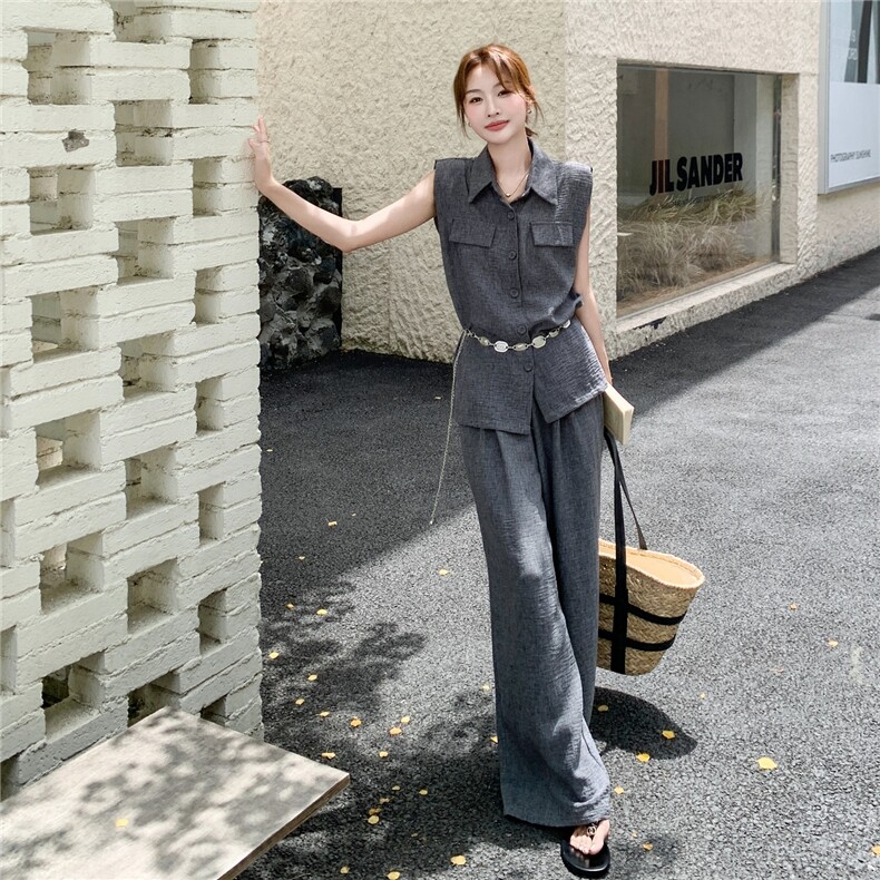 韩系高级感深灰色马甲套装女2025年夏季新款减龄显瘦阔腿裤两件套,女装套装/套裙,蝶眷