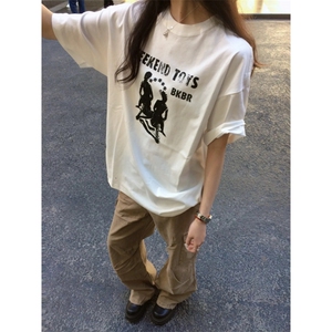 T0692-P25 夏季美式复古短袖 潮纯棉印花T恤 男女款宽松大版图片