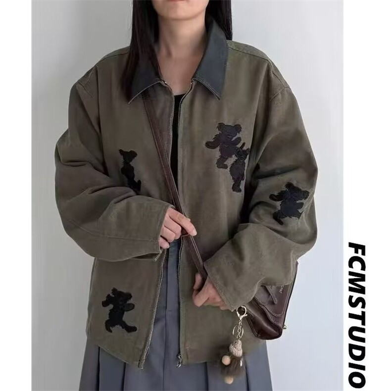 美式复古小熊刺绣夹克男女秋冬新款设计感洋气宽松中性风夹克外套,男装夹克,星座410-7