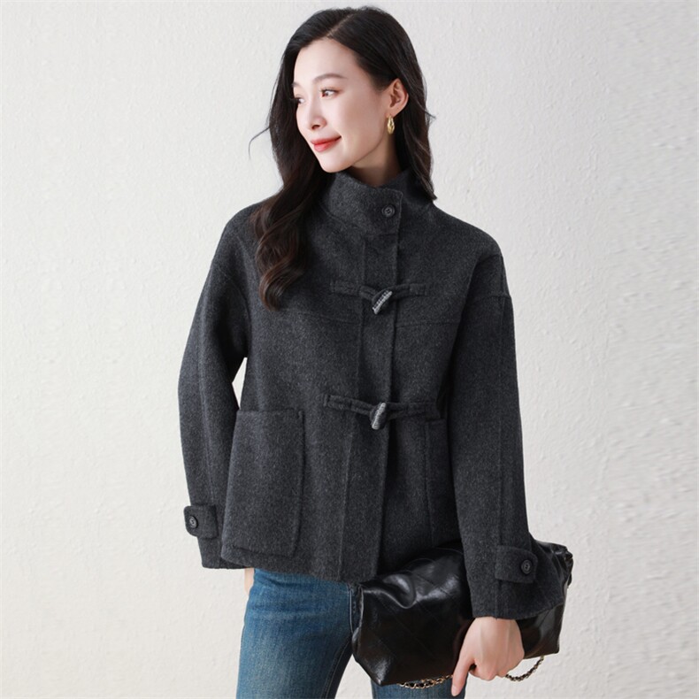 牛角扣双面羊毛大衣女秋冬新款立领短款宽松羊毛呢外套,女装毛呢外套,阿舍尔精品