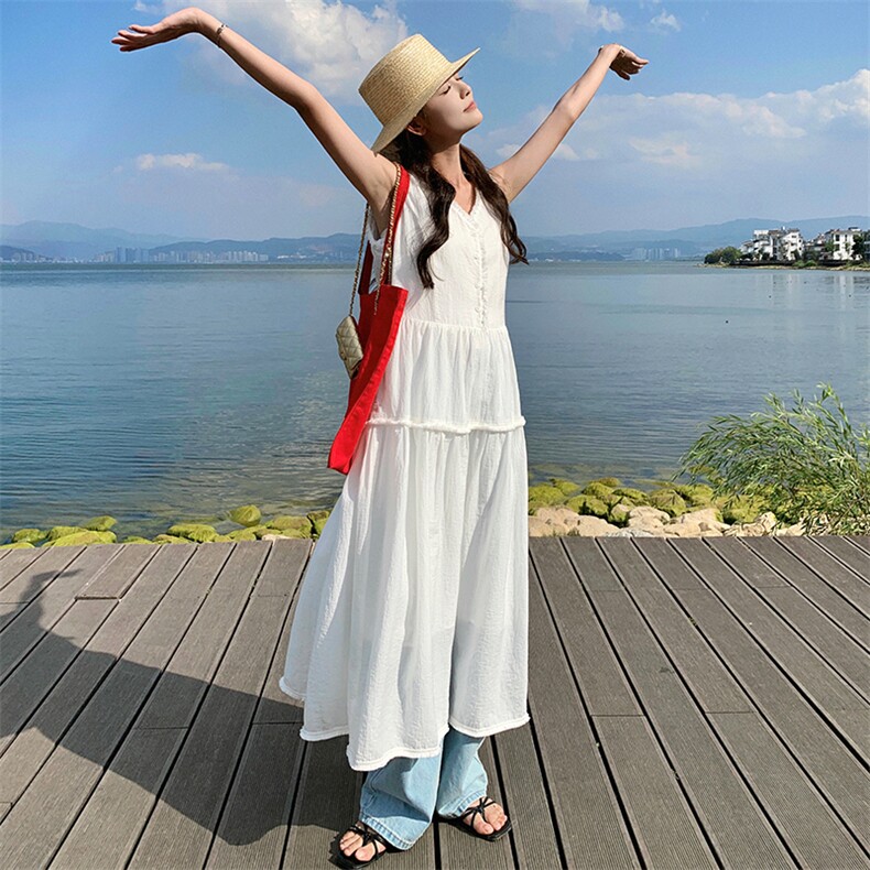 白色V领无袖背心连衣裙女2025夏季新款超好看度假风绝美初恋长裙,女装连衣裙,浙宝305