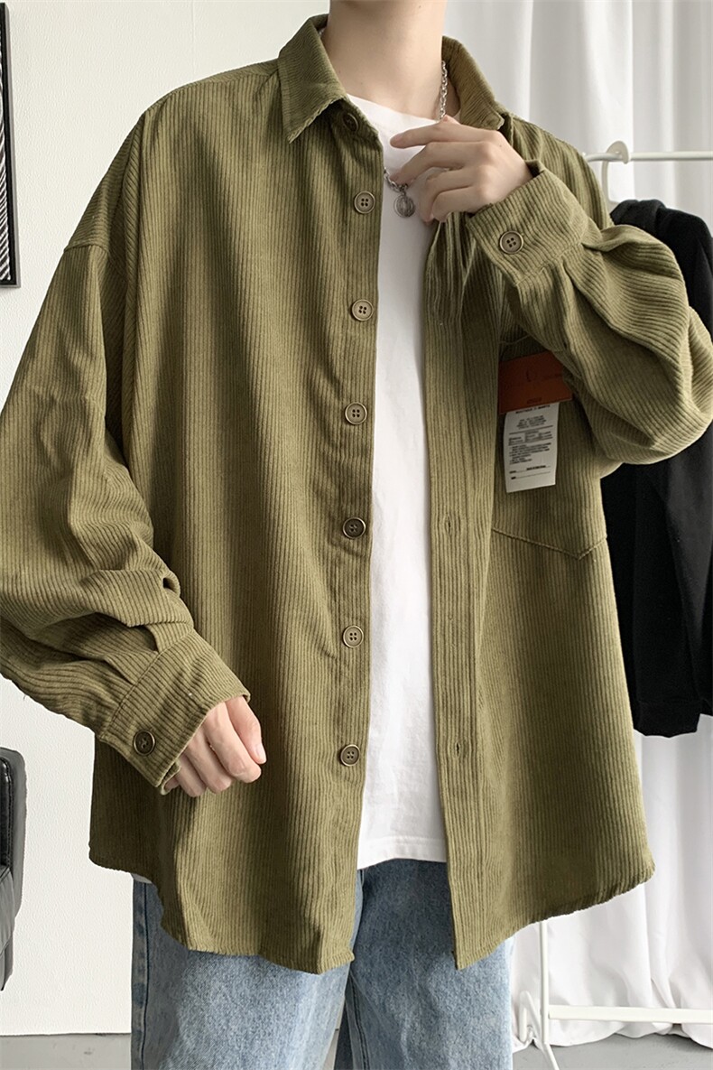 潮流港风休闲秋冬灯芯绒长袖衬衫男宽松复古衬衣中性  H215/P50图片