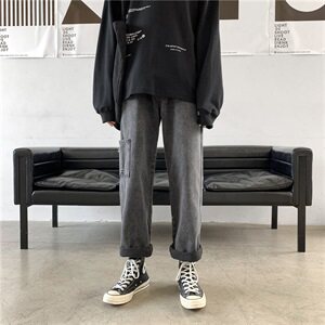 2020秋季牛仔裤男士韩版潮流休闲老爹裤子工装坠感裤潮kz367,黑色宽松版牛仔裤搭配图片图片