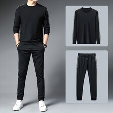 新款男士休闲运动服套装春秋季高端纯色男中青年长袖T恤两件套，男装休闲套装，电商B212（原钱塘6029）