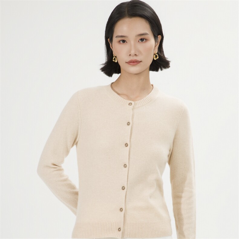 经典简约百搭圆领山羊绒开衫女纯色羊毛针织外套短款宽松外搭毛衣,女装羊绒衫,巾兮羊绒