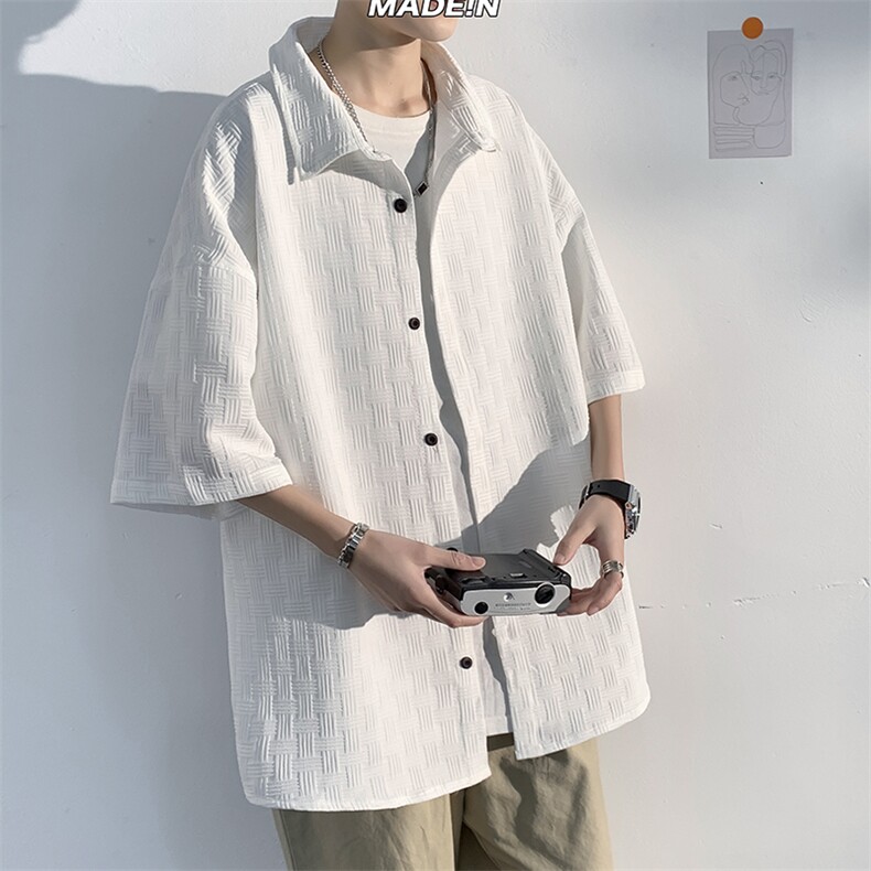 2023夏款质感编织华夫格外套短袖男港风大码五分袖衬衫C22633-P45,男装衬衫,电商A001