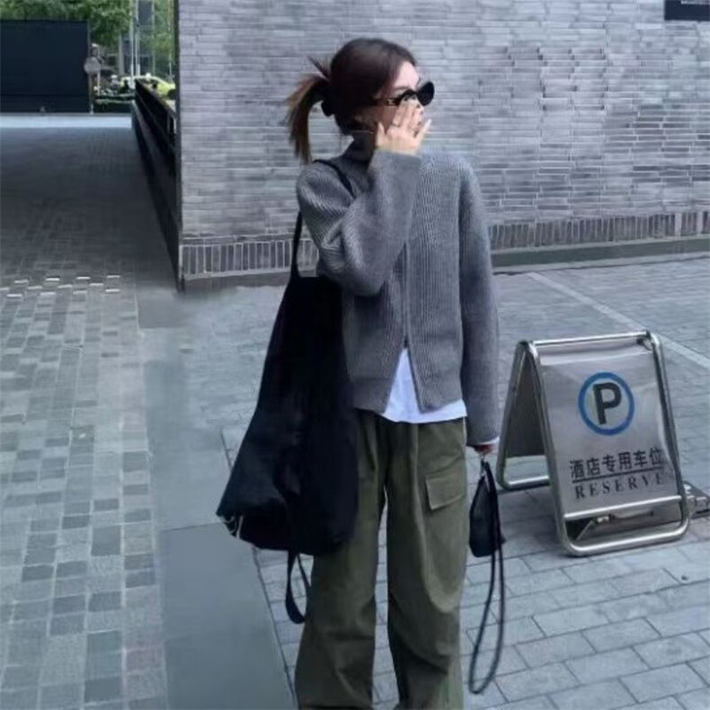 羊毛开衫女秋冬灰色拉链高领毛衣慵懒复古小个子针织衫外套，女装羊毛衫，胜酷羊绒