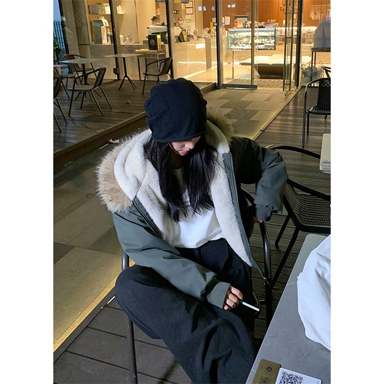 现货重磅boxy短款棉衣座山雕大毛毛领男女棉服水洗工装厚外套,男装棉衣,电商A443