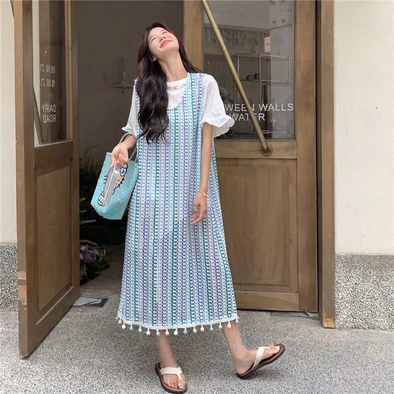 法式气质流苏背心连衣裙女2025夏季新款设计感小众收腰显瘦长裙子,女装套装/套裙,2C299
