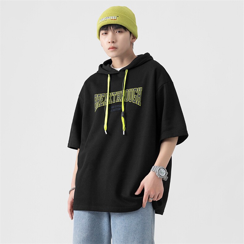 新款优品男士短袖连帽抽绳发泡印花T恤宽松上衣ZDL3207-P53图片