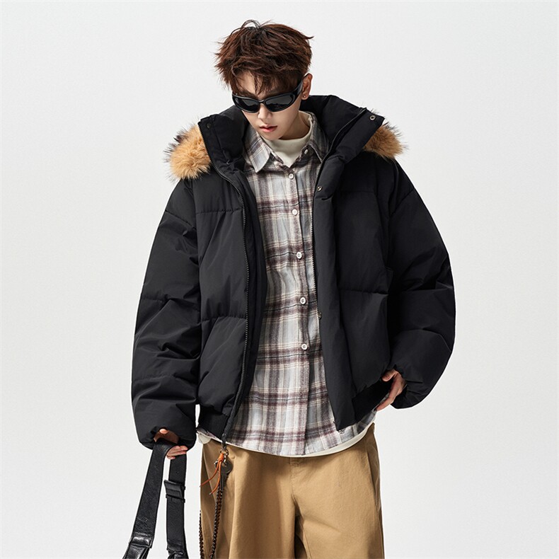 有长图冬季新款PU皮毛领棉衣男韩系宽松连帽棉袄外套MF00889/P120，男装棉衣，电商B316