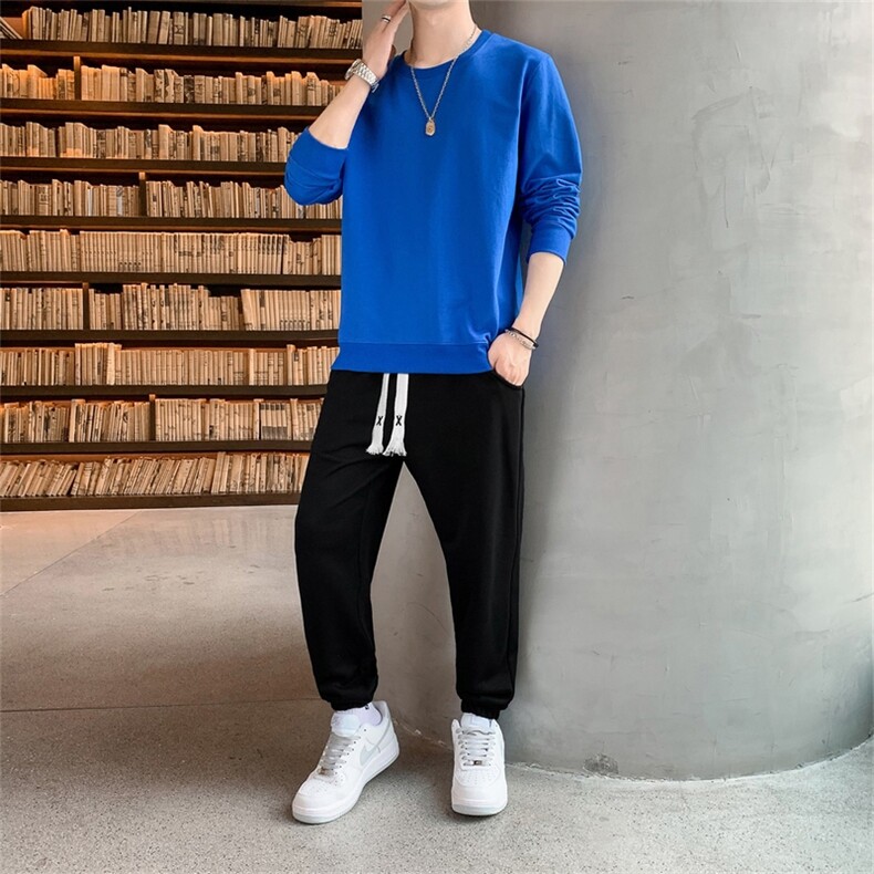 现货热销秋冬男士纯色休闲学生卫衣卫裤套装大码两件套班服TZ8001图片