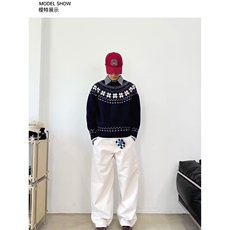 秋季新款复古重磅费尔岛提花圆领针织衫男女宽松情侣休闲打底毛衣，男装T恤，星座506A