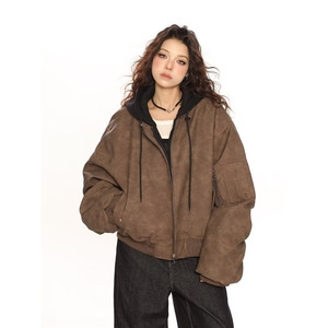 1506-1/MF021/P66假两件连帽PU皮夹克棉服男女秋冬夹棉外套
