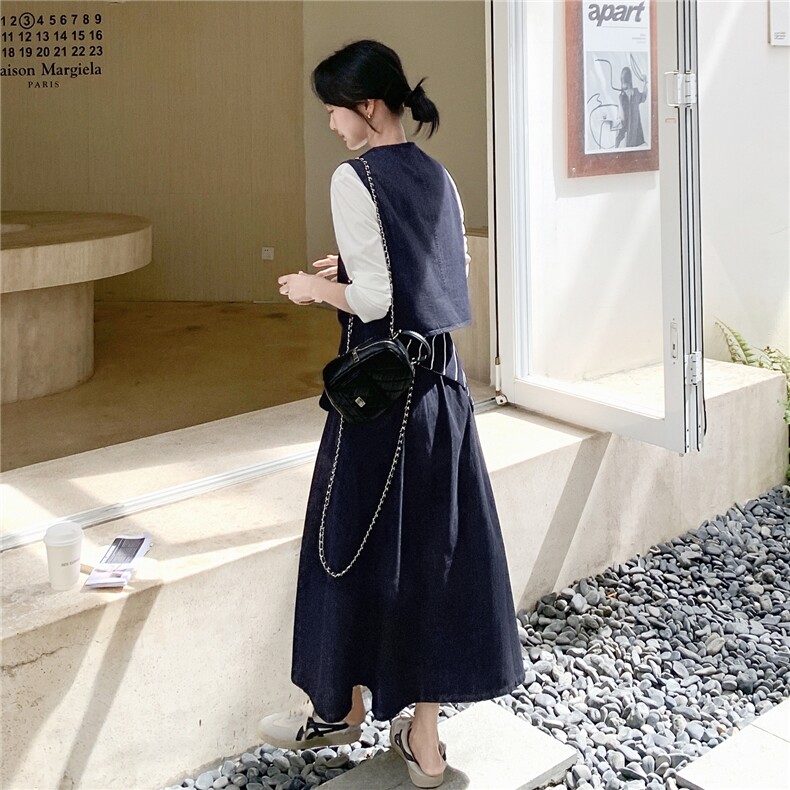 韩系chic穿搭牛仔马甲套装女春秋2025超火好看高级感半身裙三件套,女装套装/套裙,维壹