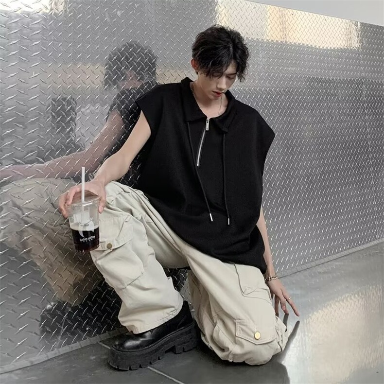 宽肩背心男夏季薄款马甲美式高街宽松半拉链T11-P35图片