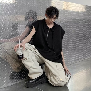 宽肩背心男夏季薄款马甲美式高街宽松半拉链T11-P35图片