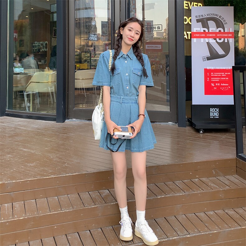 2023年夏季新款韩版休闲百搭牛仔短袖衬衫百褶裙半身裙两件套女,女装套装/套裙,一九零
