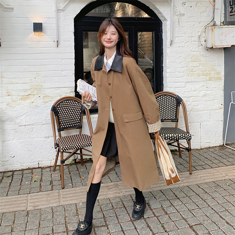 卡其色中长款翻领风衣外套女2024春秋新款小个子高级感英伦风大衣，女装风衣，蝶眷