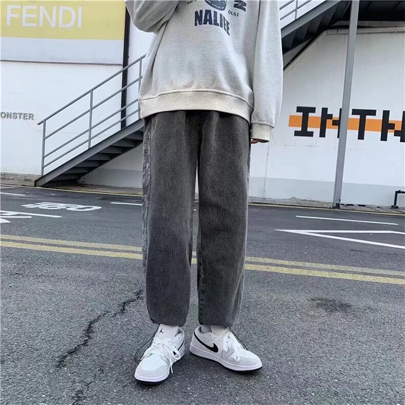 牛仔裤男欧美复古高街腰果花拼接嘻哈街N215P40图片