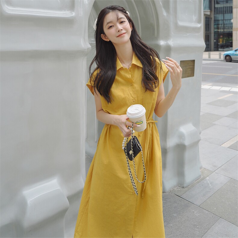 黄色衬衫设计感气质衬衫连衣裙女夏季法式独特别致掐腰宽松中长裙,女装连衣裙,浙宝276（原081）
