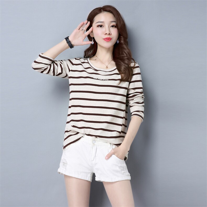 2021春季新款时尚条纹针织衫修身显瘦长袖上衣，女装T恤，依倍林