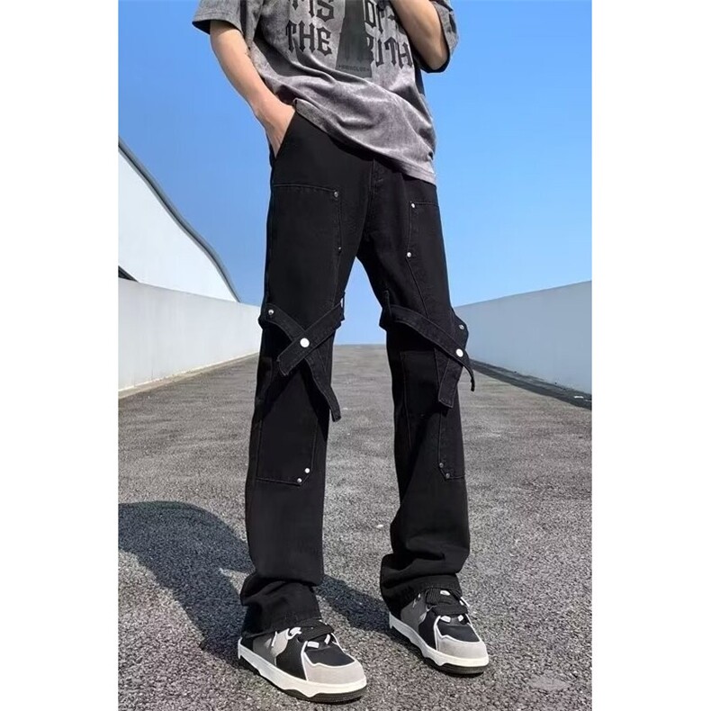 高街排扣工装裤男春夏季直筒修身微喇裤子美式街头潮牌休闲长裤,男装工装外套,星座1013