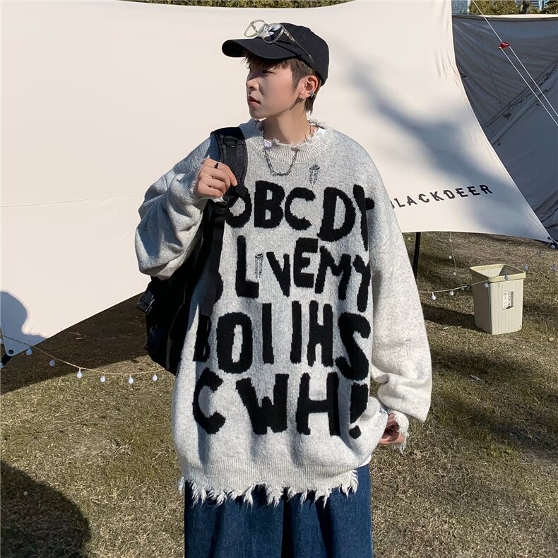 破洞字母毛衣男新款冬季美式高街情侣针织衫潮牌宽松外套9124-p43,男装针织衫/毛衣,星座1008