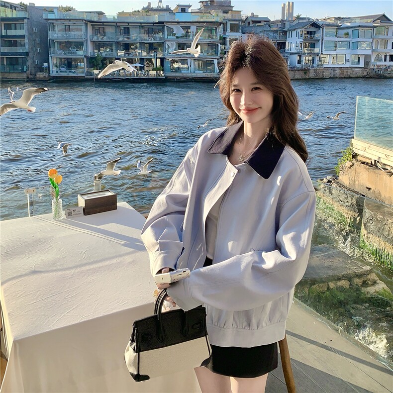 26春装新款蓝色小清新学院风可脱卸领子夹克外套女，女装短外套，苗苗