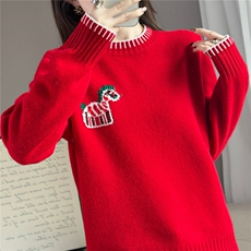 2025年秋季时尚百搭通勤简约休闲圆领羊毛衫提花撞色小马，女装羊毛衫，佰米娇羊绒