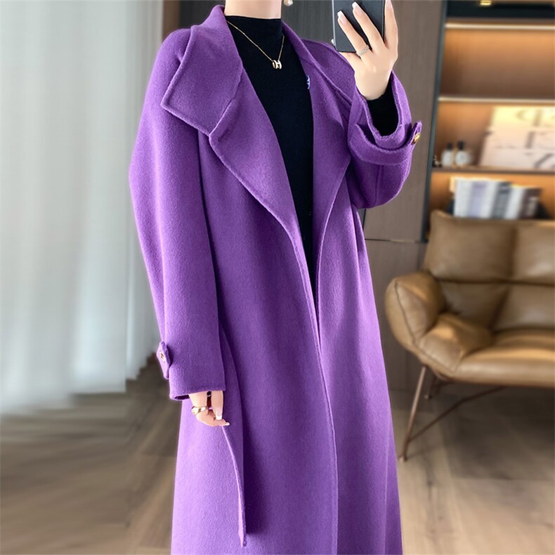 时尚御姐风紫色长款高领羊毛大衣百搭显瘦休闲外套，女装双面呢大衣，乾庄羊绒