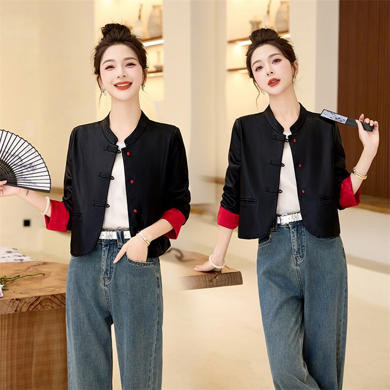 现货。新中式时尚休闲盘扣Pu皮衣外套女2024年春季新款风短款女装,女装短外套,艾仟回(原伊仟回)