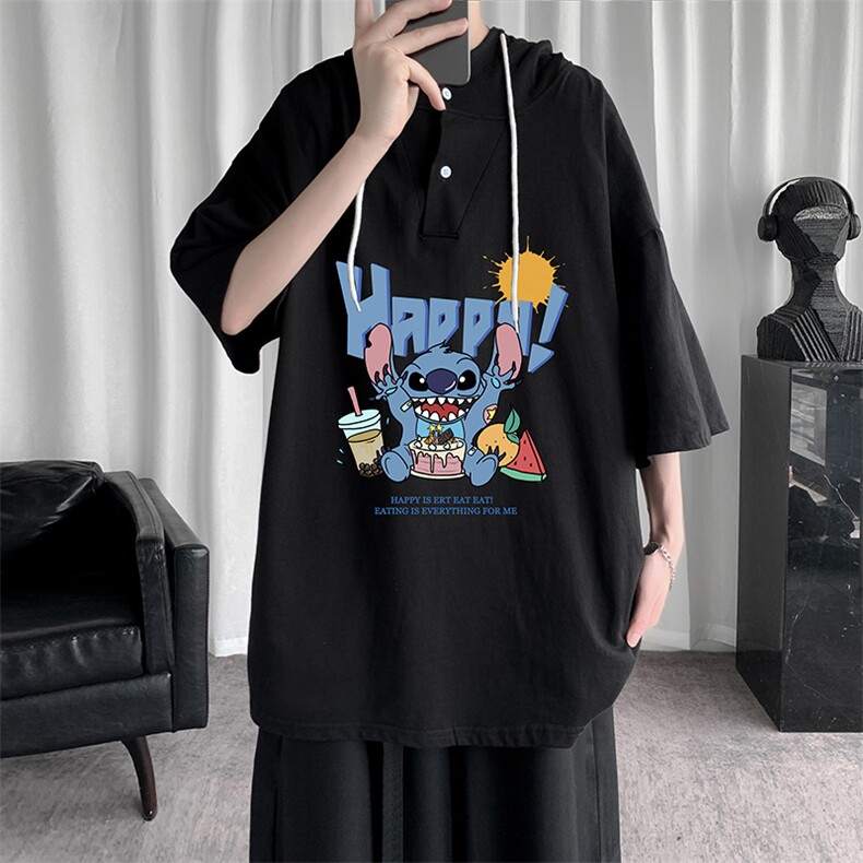 LD54077-P45 连帽短袖t恤男大码胖子带帽五分袖中袖图片