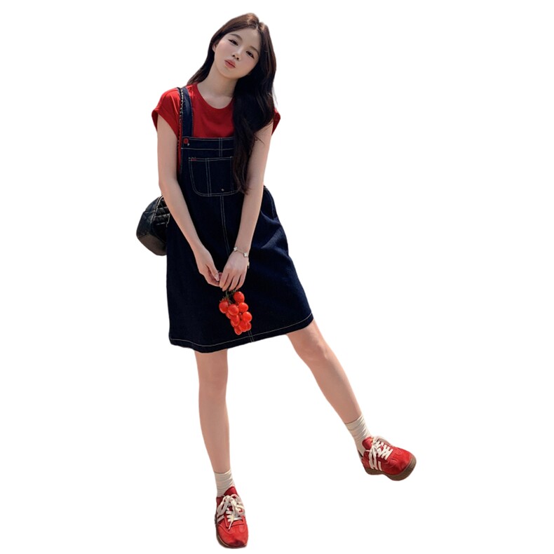 港风复古牛仔背带连衣裙套装女夏2025新款韩系洋气时尚减龄小个子,女装套装/套裙,2C012