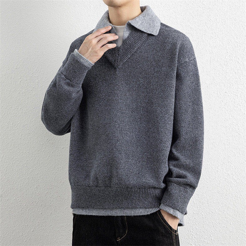 25673-P75重磅加厚翻领毛衣外套男针织衫假两件翻领宽松打底衫,男装T恤,电商D310B