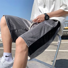 港风夏款男短裤丽丝绒字母印花拼色五分短裤d004特P15，男装牛仔裤，星座1013-1