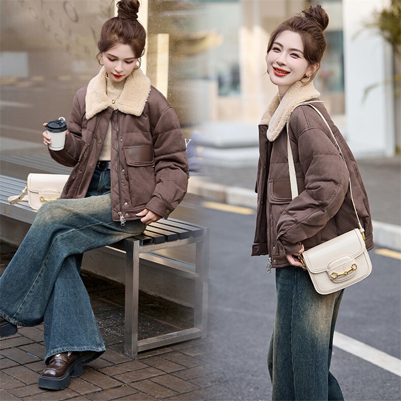 短款羽绒服女女2024冬季新款小个子独特超好看拼皮羊羔毛翻领外套,女装羽绒服,采品优优