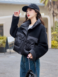 立领毛呢拼接白鸭绒羽绒服女2025冬季时尚短外套大翻领图片