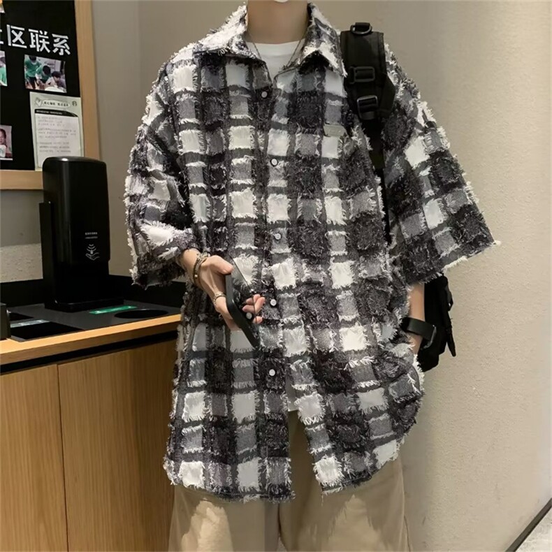 美式格子衬衫男短袖夏季潮牌宽松设计感上衣翻领休闲衬衣C885-P45,男装衬衫,星座1008