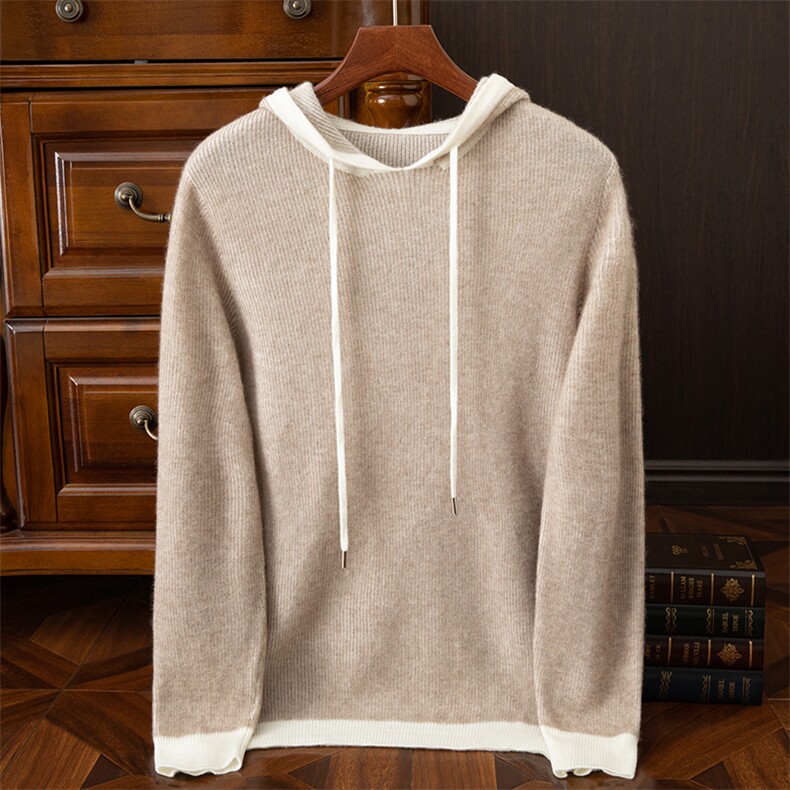 2024年秋季35%山羊绒休闲时尚都市连帽羊绒衫男装，男装羊绒开衫，狄美羊绒