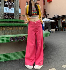2024夏季多巴胺糖果色高腰牛仔裤女纯色宽松直筒长裤女休闲裤潮，男装休闲裤，星座716-2