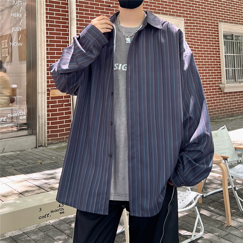 C235/P40秋季新款老钱风条纹衬衫男暗门襟设计感长袖男士衬衣图片